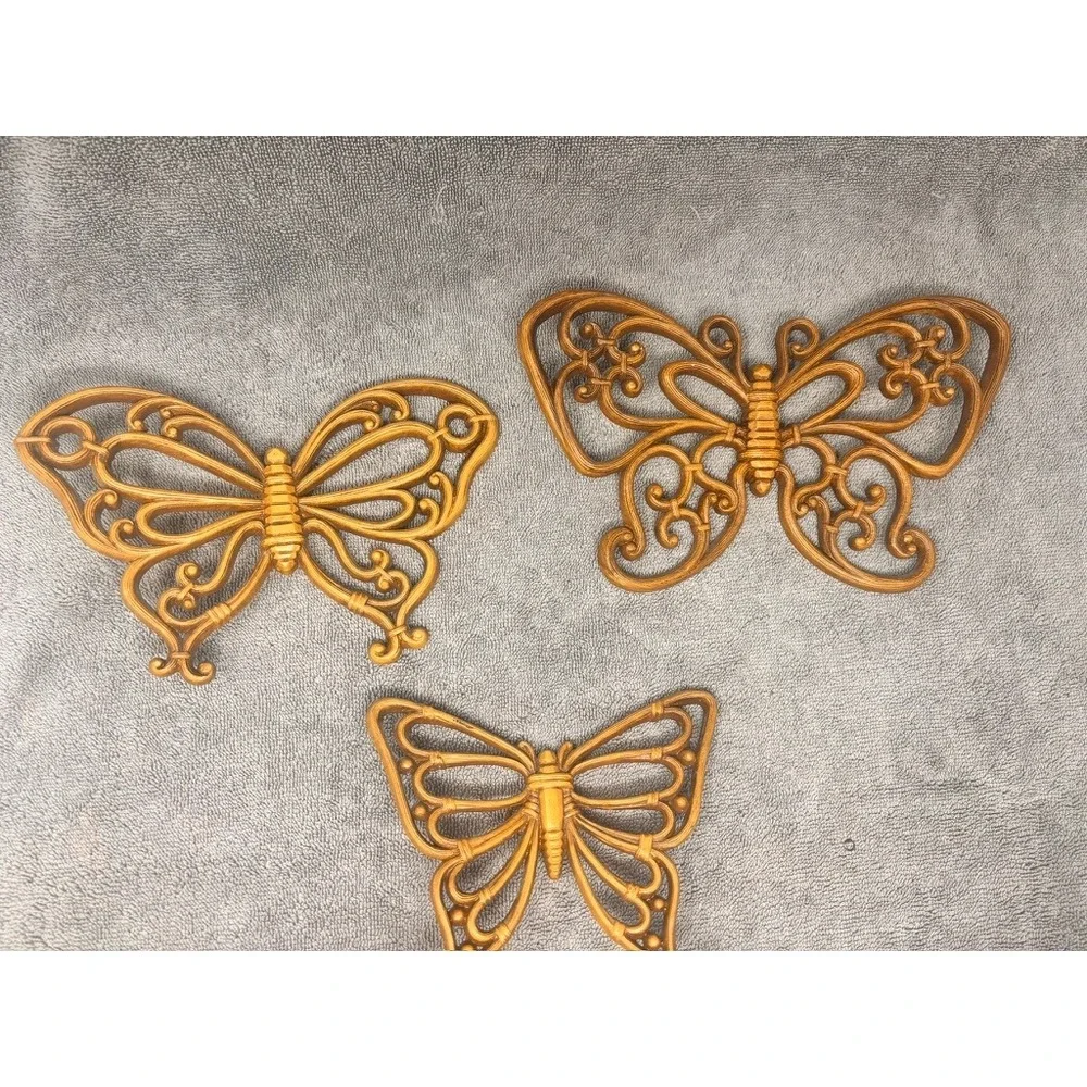 Vintage Burwood Products Butterfly Wall Decor Set of 3 Gold MCM 1970s USA Ratan